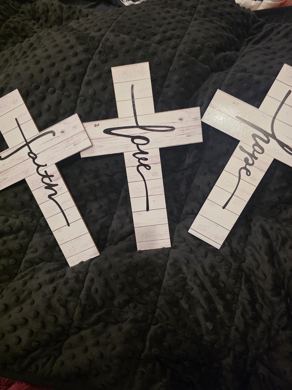 Set of 3 Wooden Wall Crosses - White with Black Script
